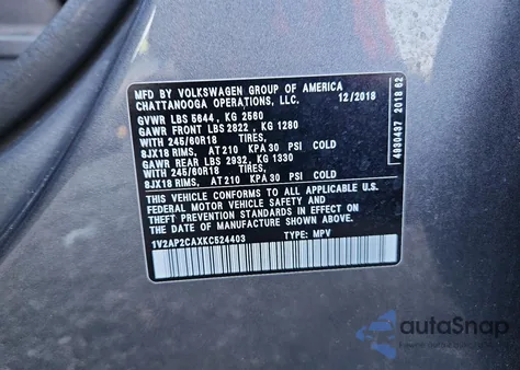 2019 Volkswagen Atlas S из США, поврежденный, VIN 1V2AP2CAXKC524403